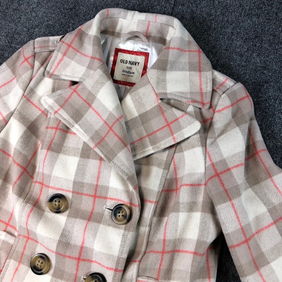 Old Navy Plaid Pea Coat Women's Medium Beige Tan Red Button Front Jacket Y2K - Picture 1 of 6